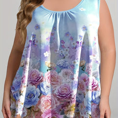  Floral Print Tank Top Round Neck Med Stretch
