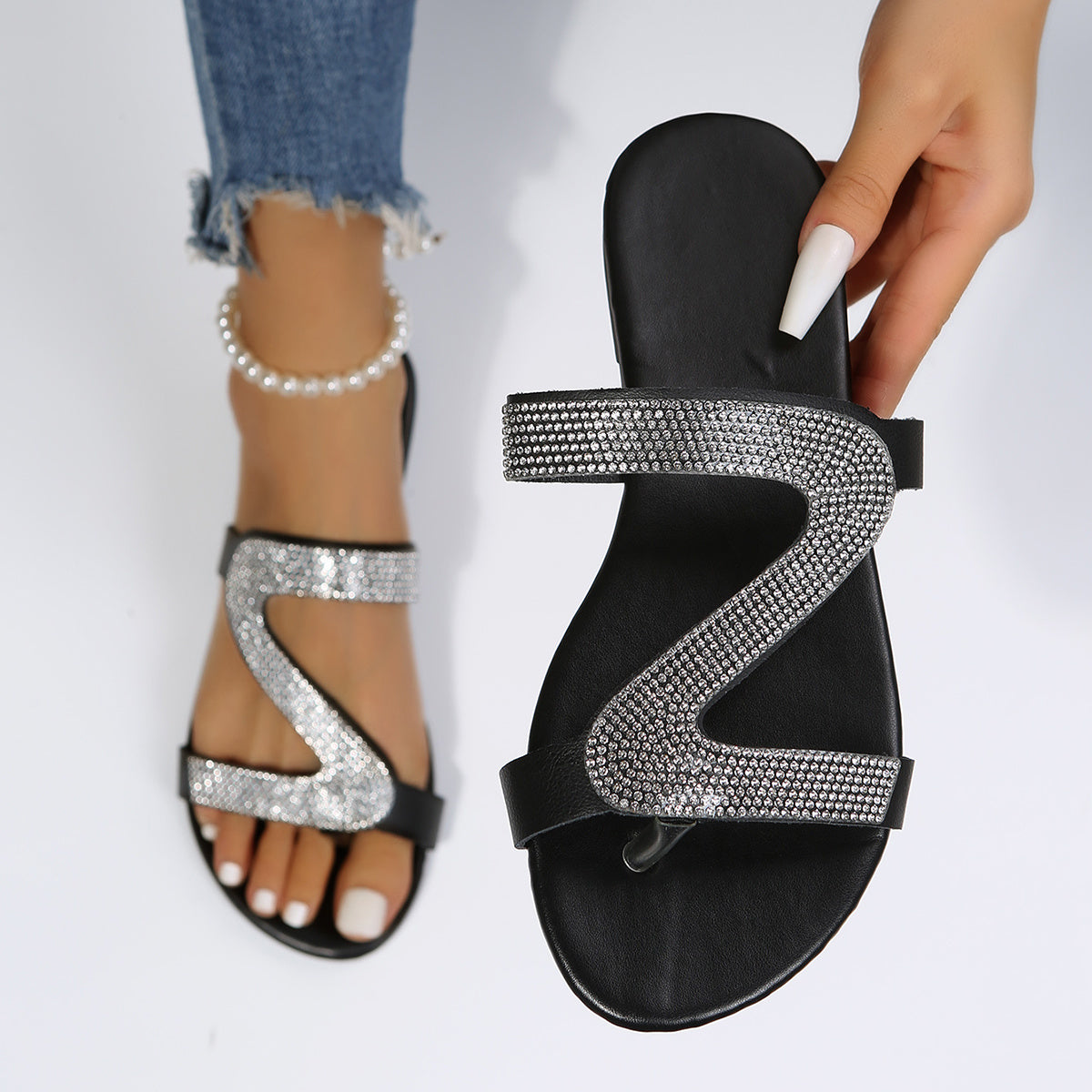Women's Rhinestone Slide Sandals Bohemian Flatform Shoes