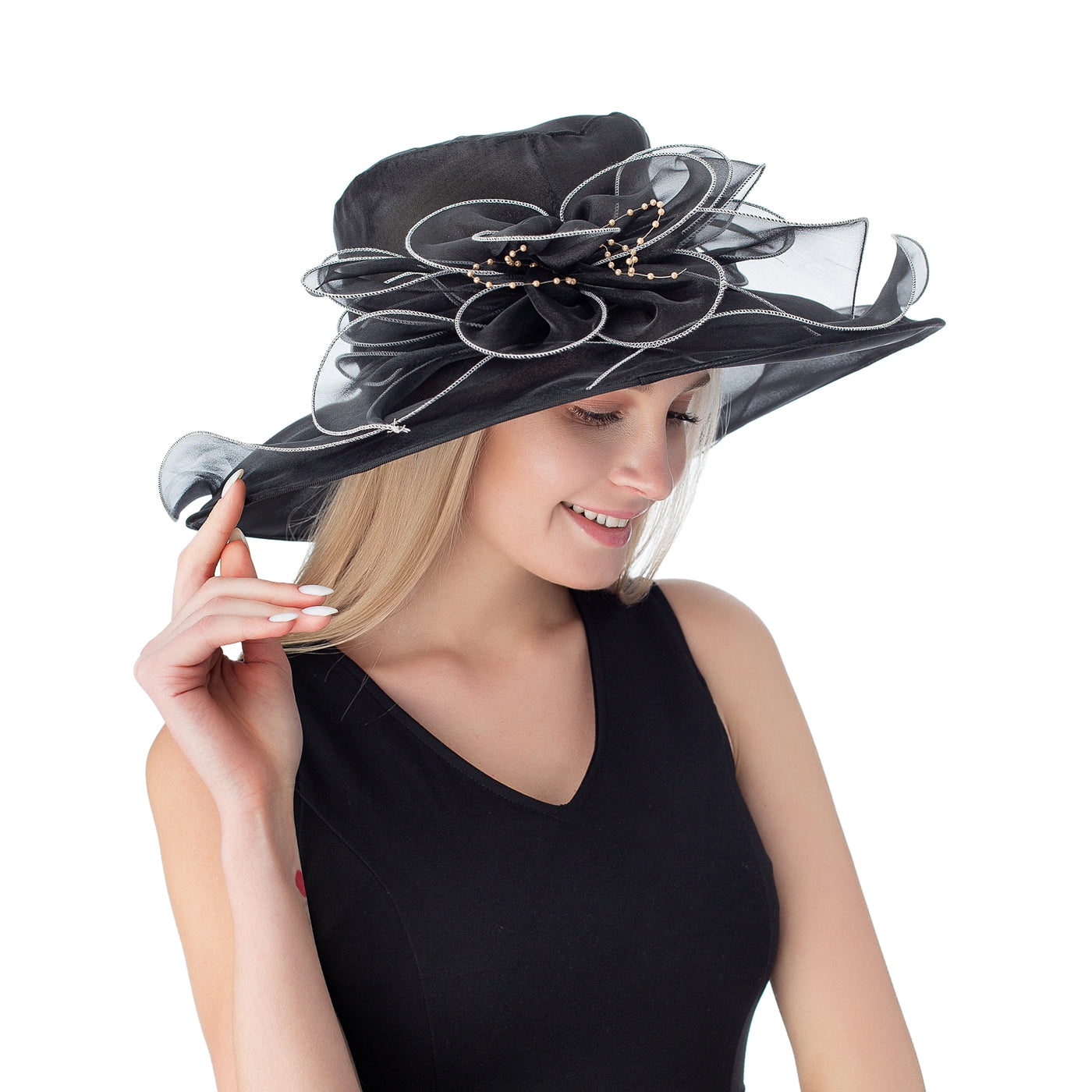 Women's Wide Brim Fedora Cap Mesh Sun Hat Leaf Flower Bridal Wedding Hat