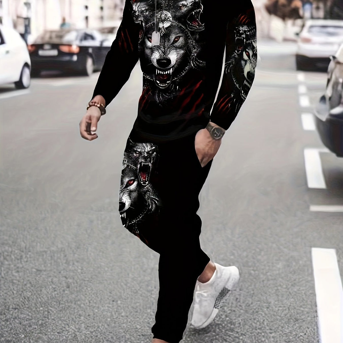 Men's Wolf Print 3D Sweatshirt & Joggers Set for Sports