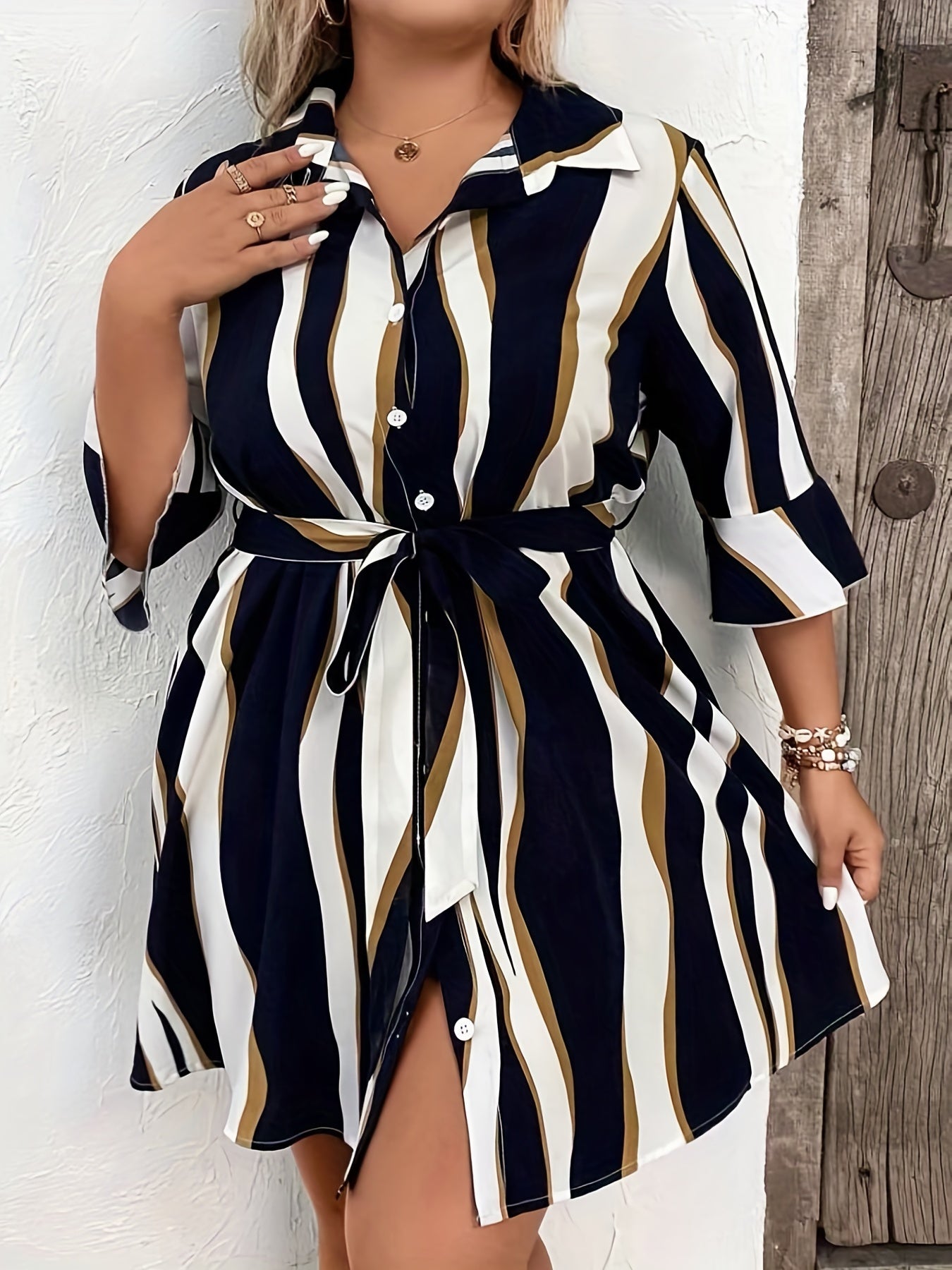  Colorblock Stripe Print Button Up Bell Sleeve Shirt Dress