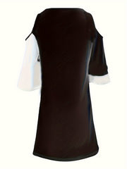  Abstract Face Print Cold Shoulder V Neck Dress