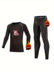 2pcs Kids Compression Fleece Sets - Cartoon Pattern Crew Neck Pullover