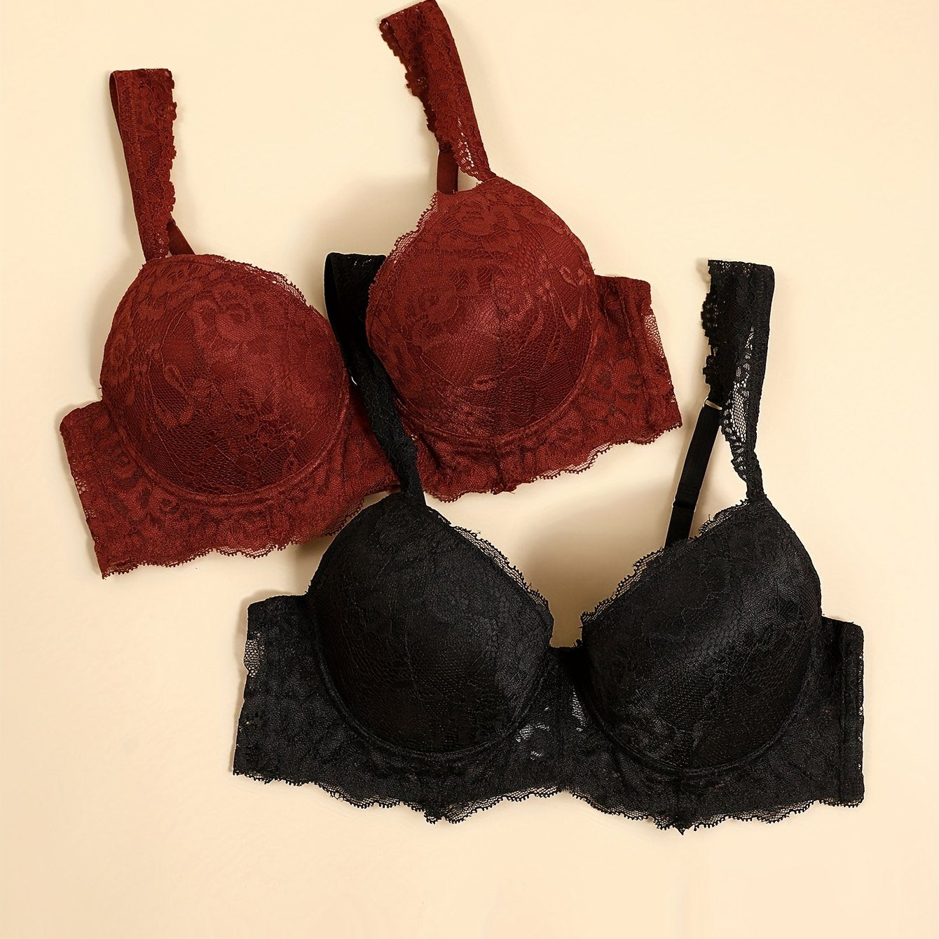 2 Pcs Lace Push Up Bra Comfy Everyday Lingerie Women's Underwear