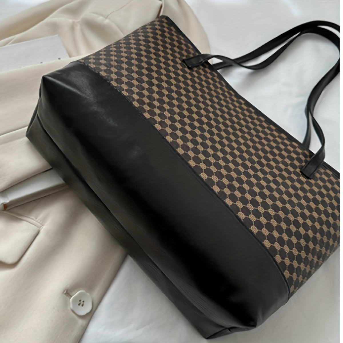 Vintage Geometric Print Tote Bag Large Capacity Retro Shoulder Bag