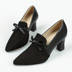 Women's Bowknot Court Pumps Pointed Toe Block Heels