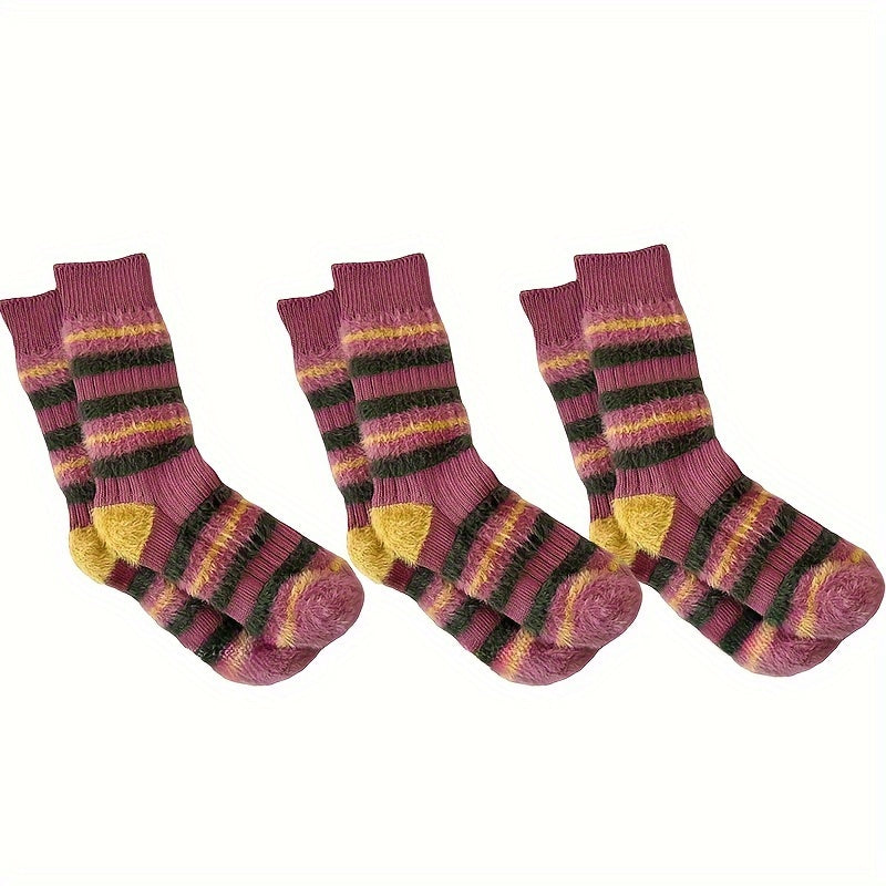 3 Pairs Colorblock Stripe Plush Socks Soft Women's Stockings