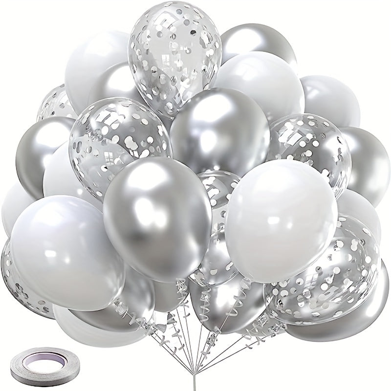 60 Matte Silver & Confetti Balloons 12" Birthday Wedding