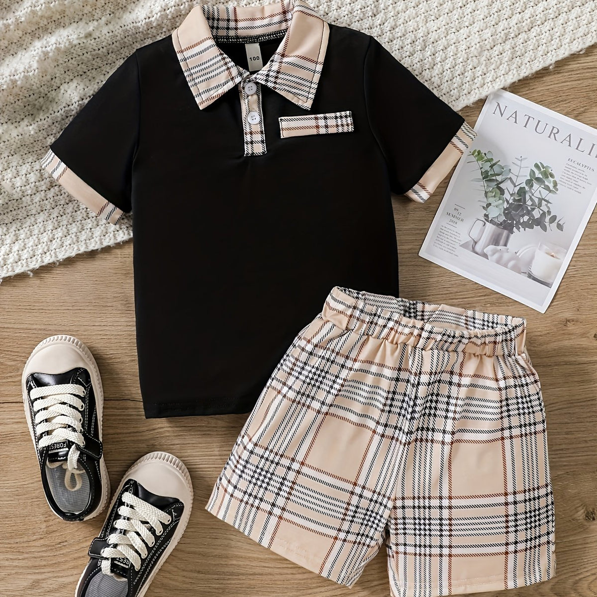 Boys Casual Outfit Polo Shirt & Plaid Shorts For Summer Kids