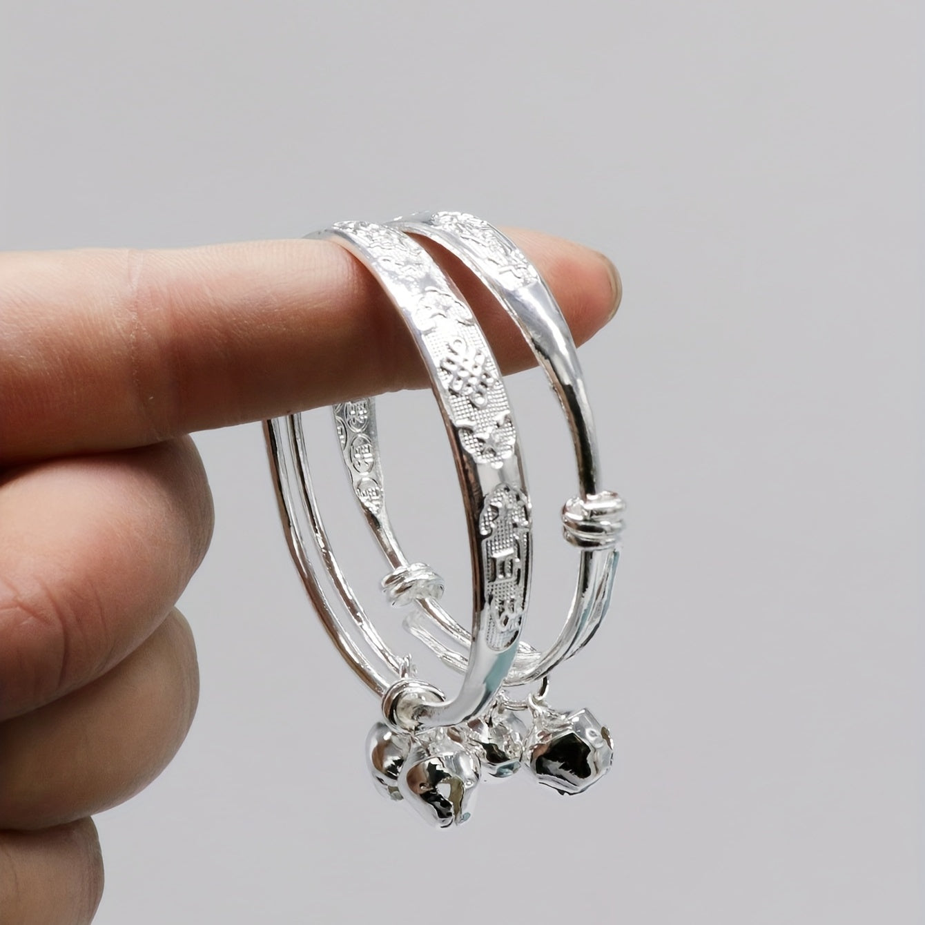 Baby Adjustable Silver Bangle Bracelets With Bell - Gift for Toddler