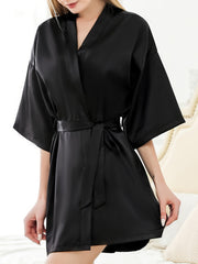 Solid Night Robe Half Sleeve V Neck Robe With Belt Women's Sleepwear