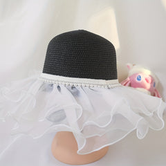 Pearl Decor Straw Sun Hat Ruffles Lace Mesh Beach Hat for Women