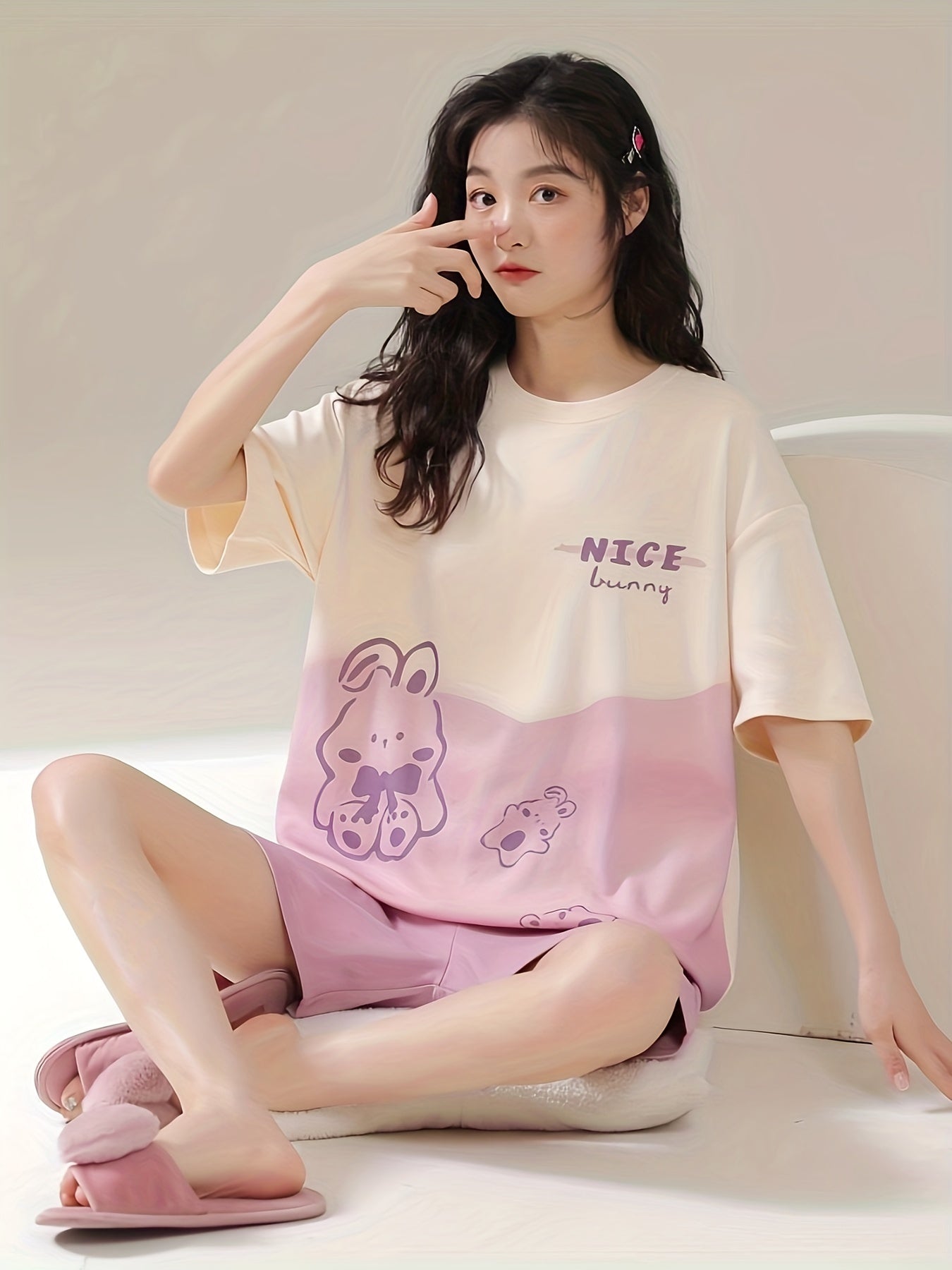 Bunny Print Pajama Set Short Sleeve Top & Shorts
