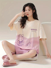 Bunny Print Pajama Set Short Sleeve Top & Shorts
