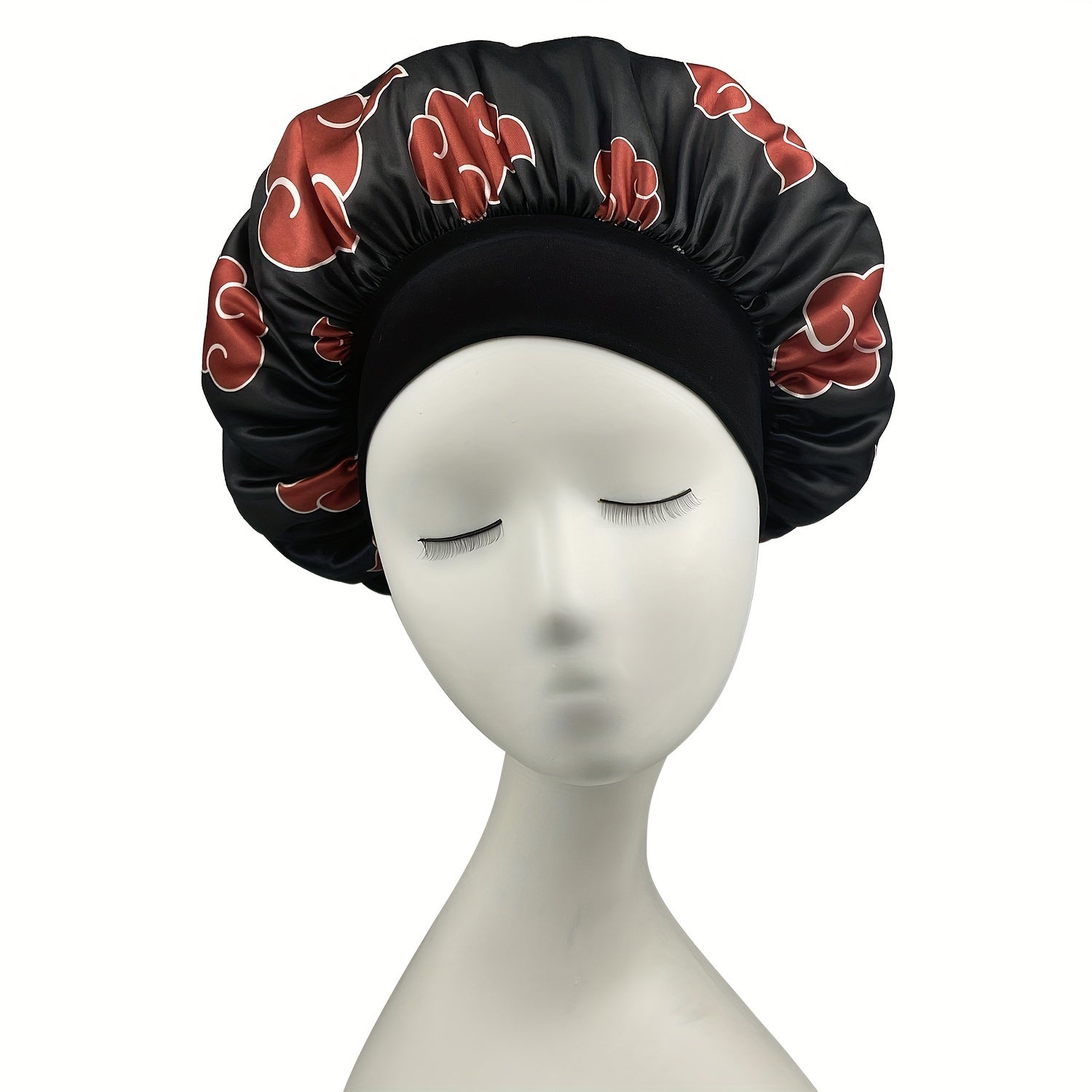 Red Cloud Printed Cosplay Bonnet Anime Shower Cap Satin Head Wrap Wide Headband