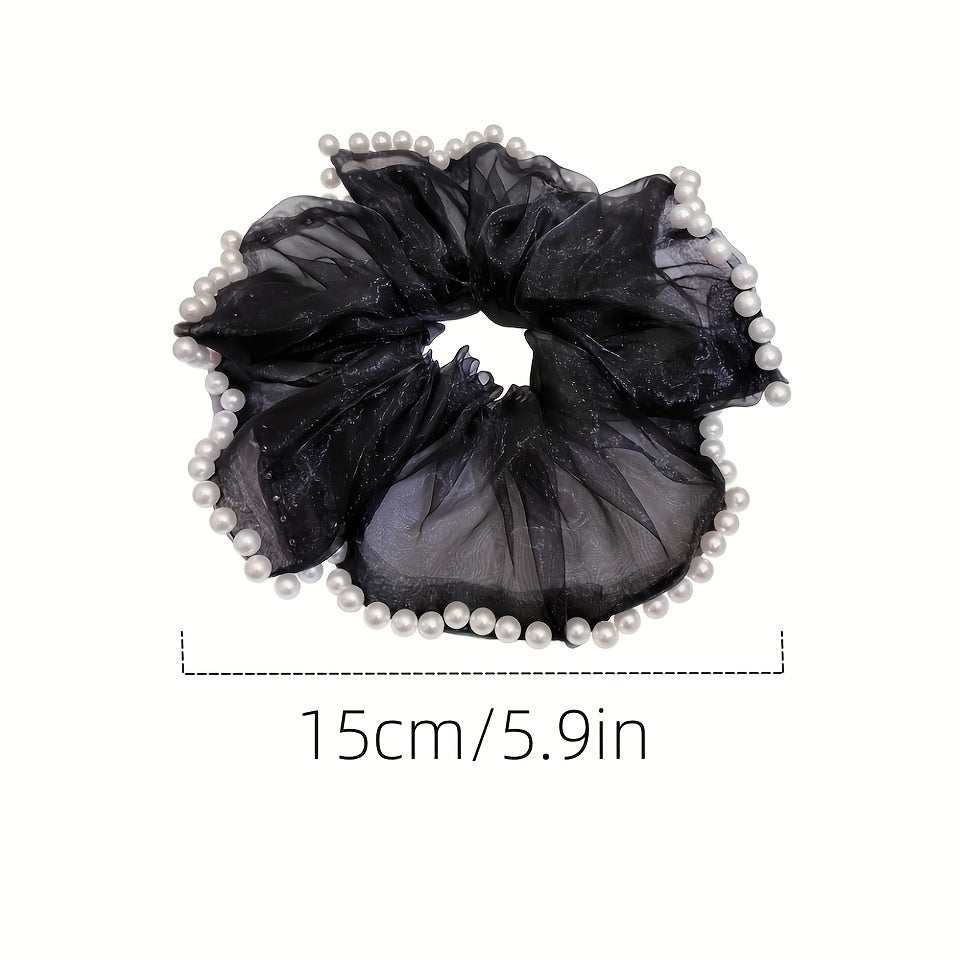 Organza Scrunchies with Faux Pearl Brim Ponytail Holder