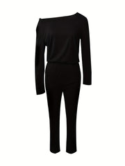 Slanted Shoulder Jumpsuit Long Sleeve Casual Women's Clothing