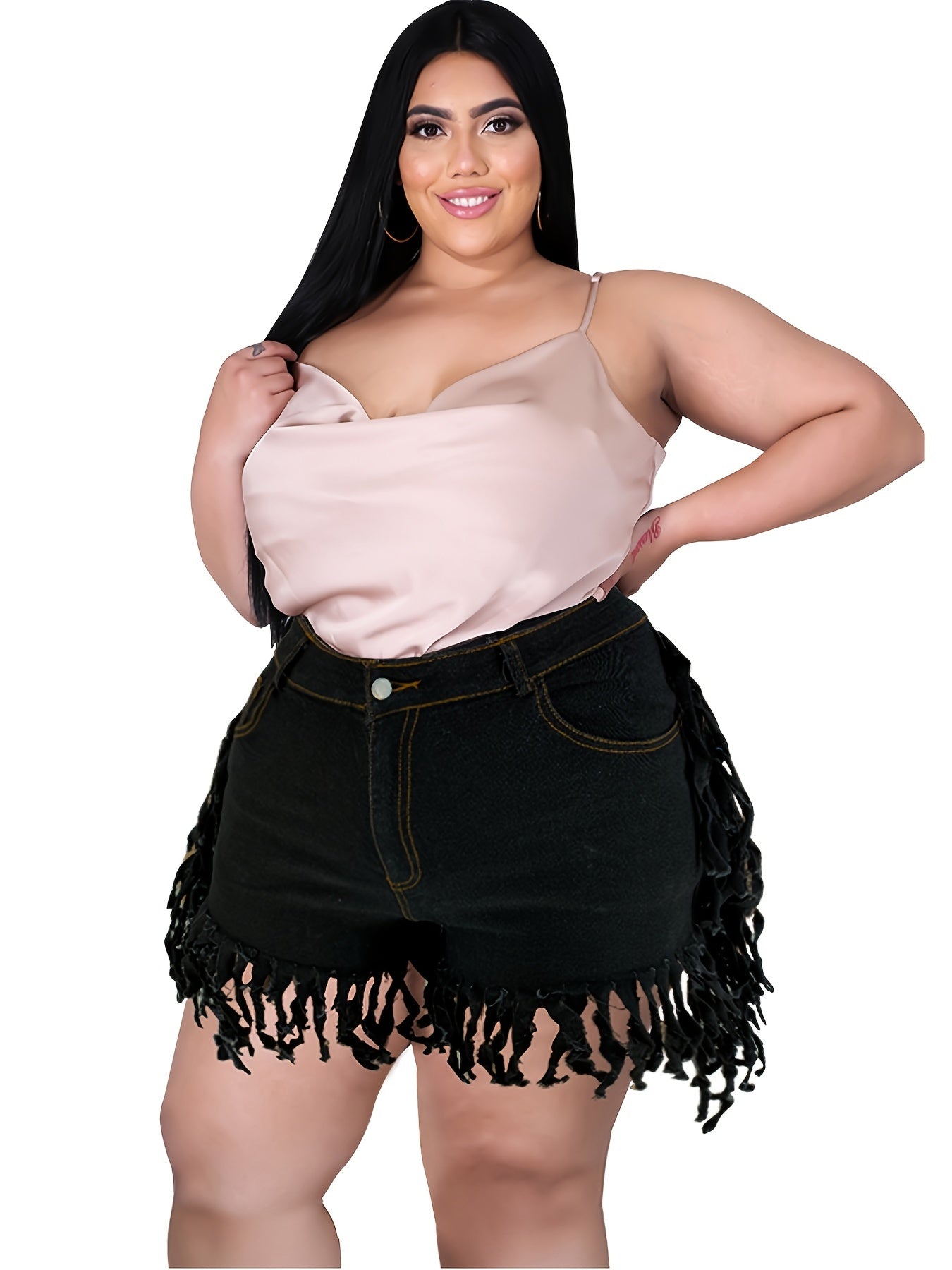 Fringe Trim Denim Shorts Women's Plus Medium Stretch Jean Shorts
