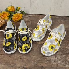 Women's Sunflower Pattern Round Toe Canvas Slip-On Walking Shoes
