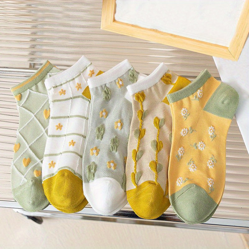 5 Pairs Floral & Heart Print Socks Low Cut Women's Stockings