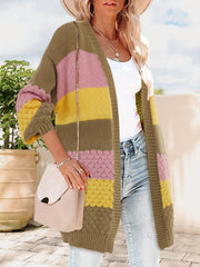  Colorblock Lantern Sleeve Open Front Sweater Cardigan
