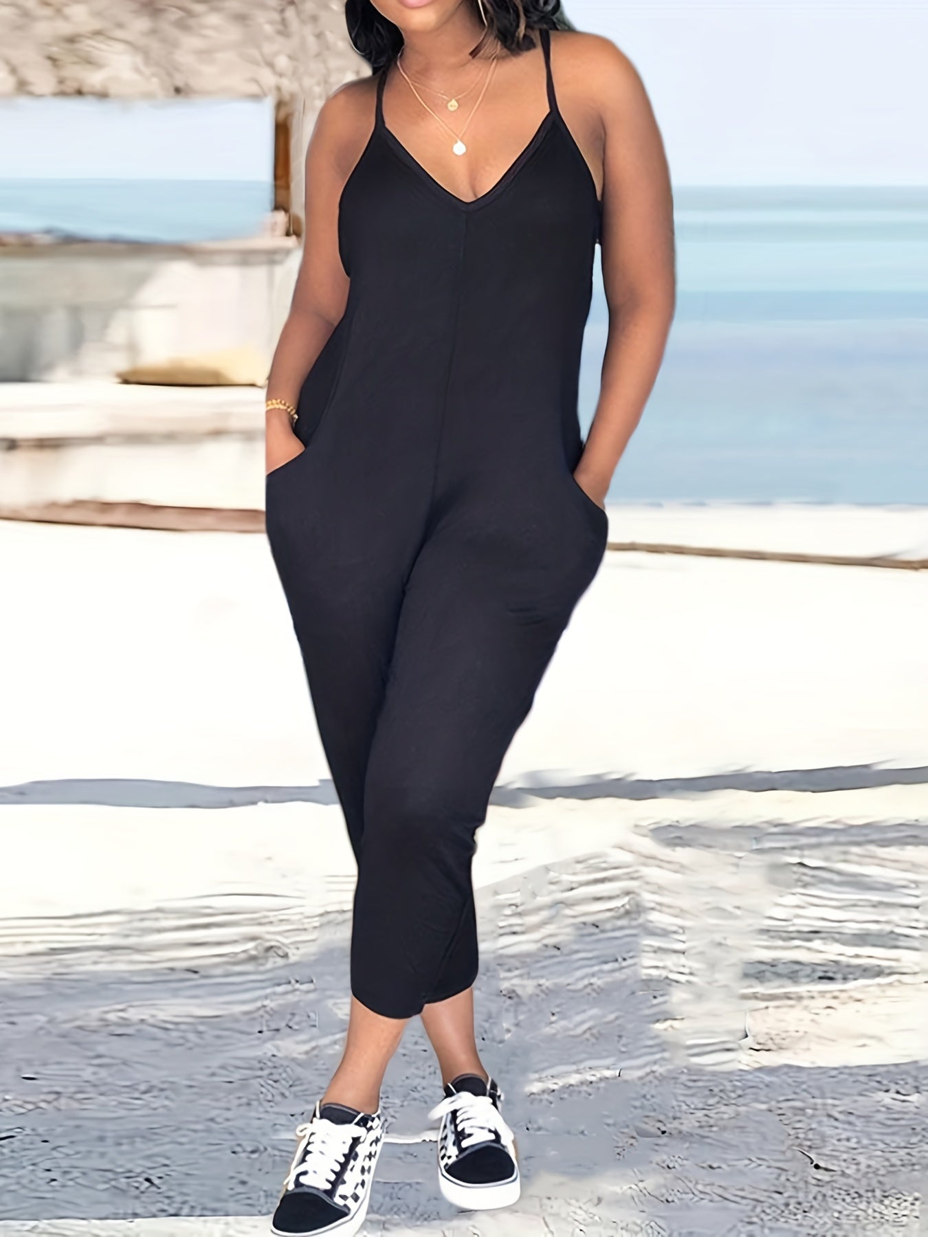 Spaghetti Solid Jumpsuit Casual Sleeveless Versatile Jumpsuit