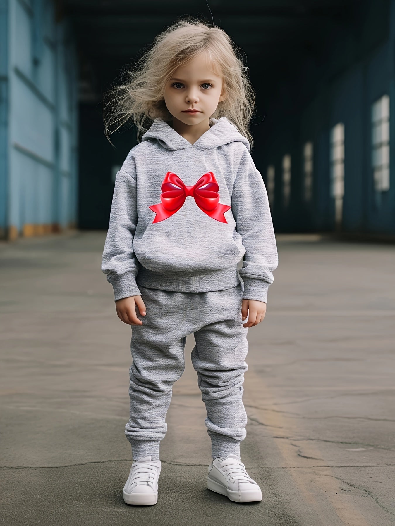 Girls 2pc Hooded Sweatshirt & Sweatpants Set Cartoon Bowknot Pattern Long Sleeve