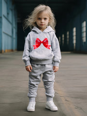 Girls 2pc Hooded Sweatshirt & Sweatpants Set Cartoon Bowknot Pattern Long Sleeve