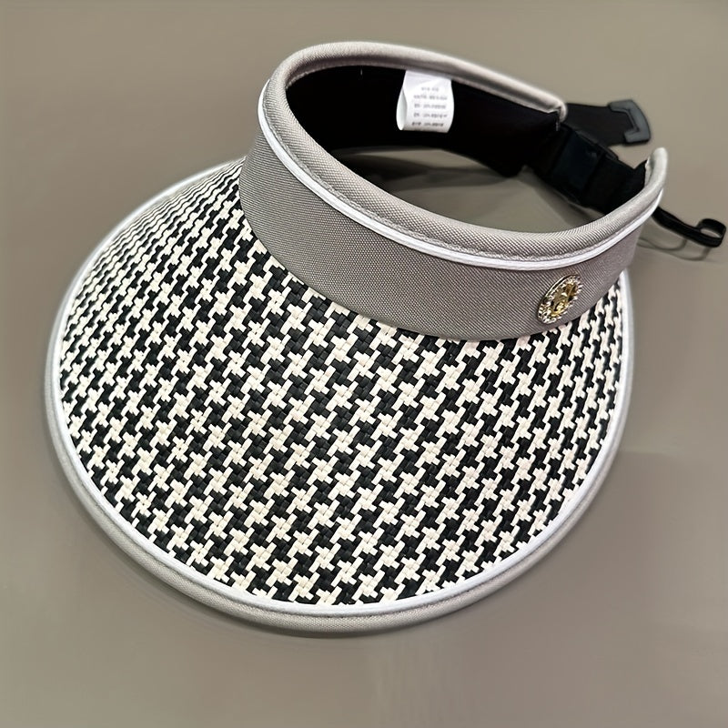 Houndstooth Visor Hat Wide Brim UV Protection Straw Sun Hat