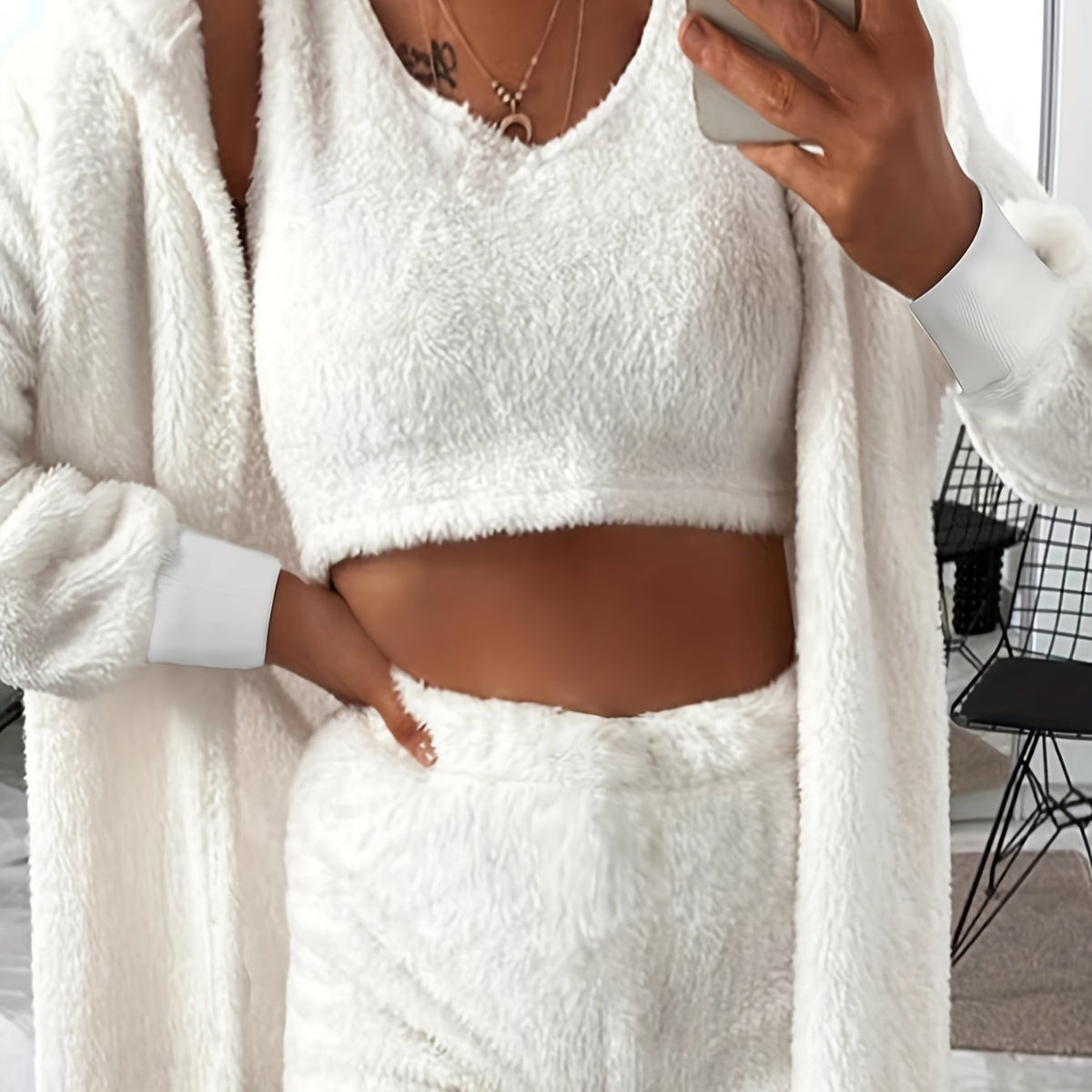  Solid Fleece 3-Piece Outfit: Coat, Tank Top & Shorts
