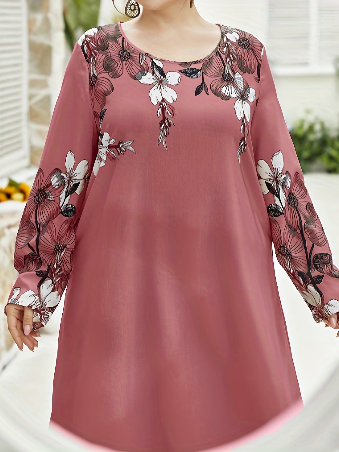  Floral Print Long Sleeve Maxi Abaya Dress for Women