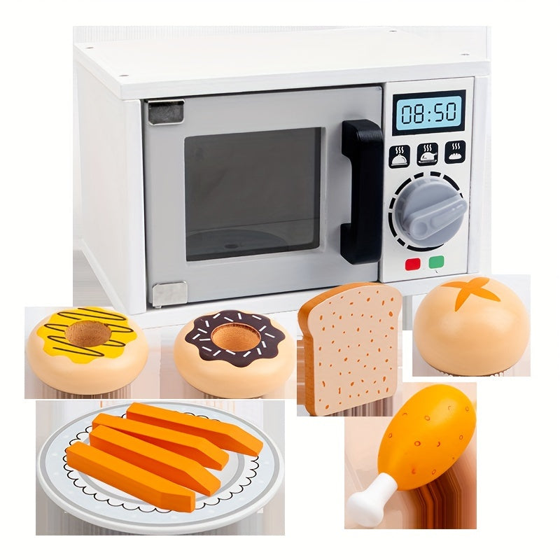Kids Wooden Microwave Oven Kitchen Playset with Bread Baking Dessert Set