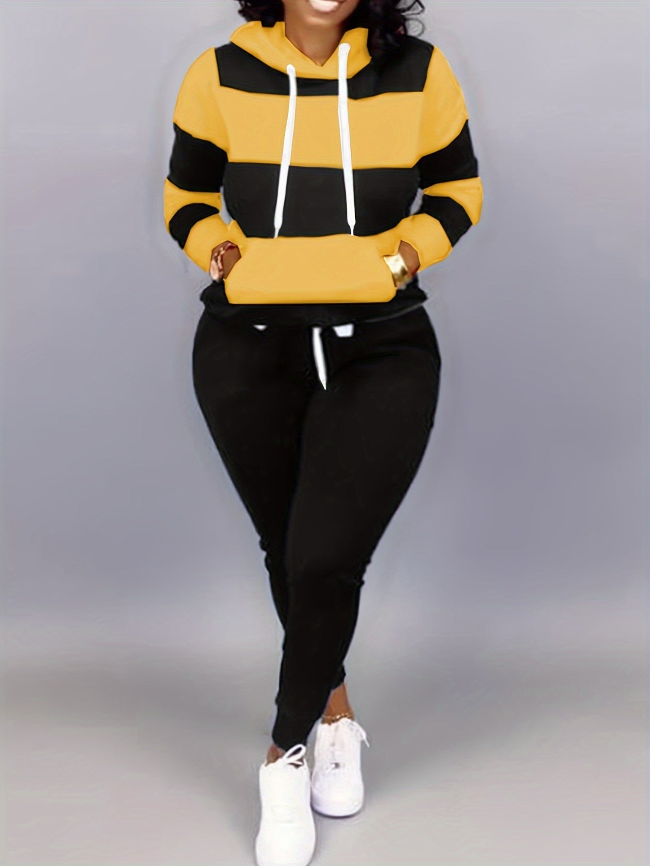 Women's Plus Colorblock Stripe Print Hoodie & Joggers Set
