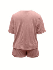  Casual Outfits Set Women's Plus Solid Textured Top & Shorts Set