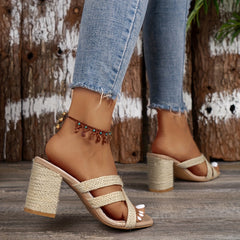 Women's Straw Block Heeled Sandals Cross Strap Comfortable Square Toe Pumps