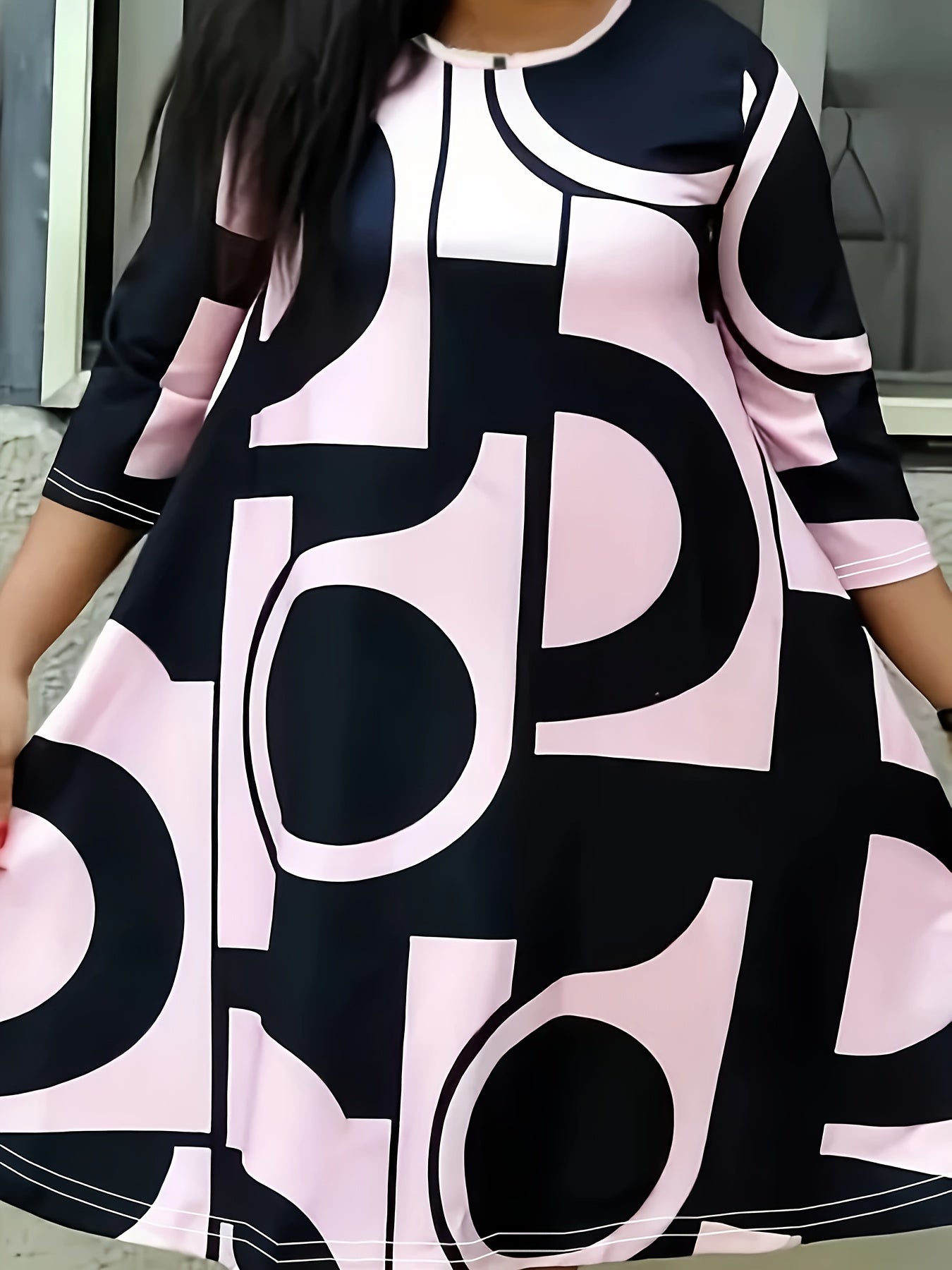 Colorblock Geometric Print Round Neck Midi Dress
