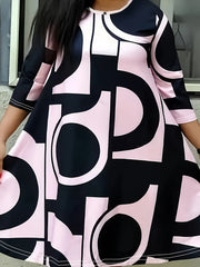  Colorblock Geometric Print Round Neck Midi Dress
