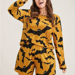  Gothic Loungewear Set Bat Print Crew Neck Tee & Shorts Pajamas