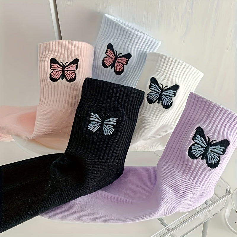 Butterfly Embroidery Socks, Women's Mid Tube Stockings