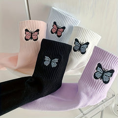 Butterfly Embroidery Socks, Women's Mid Tube Stockings