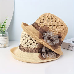 Knitted Bucket Hat Flower Decor Basin Hat Casual Travel Beach Hats