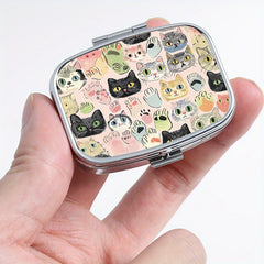 Whimsical Cat Square Pill Box Dual Compartments Compact Portable Travel Outdoor