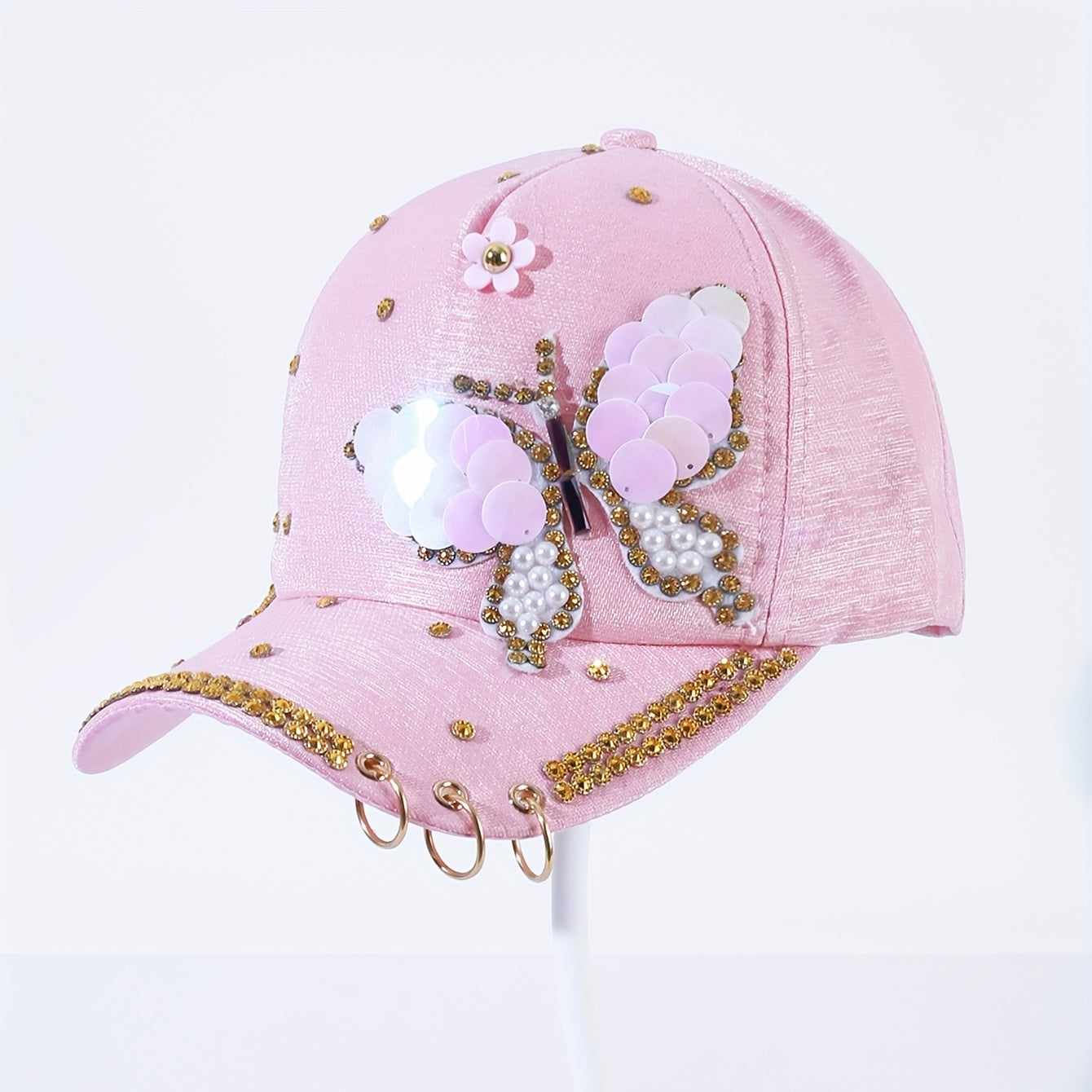 Pink Butterfly Y2K Baseball Cap Pearl Rhinestone Adjustable Sun Hat
