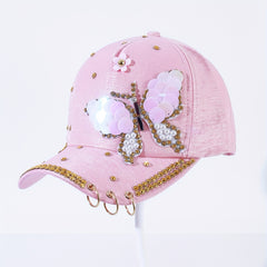 Pink Butterfly Y2K Baseball Cap Pearl Rhinestone Adjustable Sun Hat