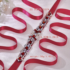 Red Rhinestone Bridal Belt with Crystals and Ribbon Accents