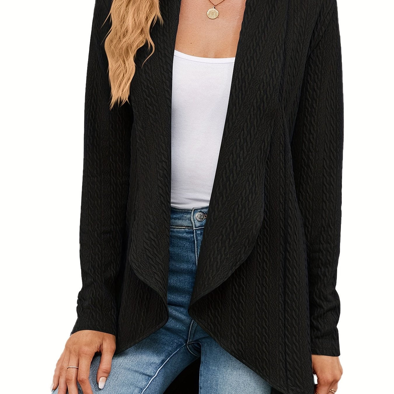  Solid Cable Long Sleeve Open Front Cardigan