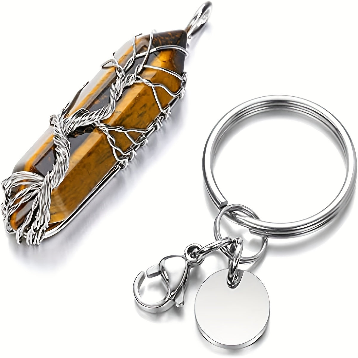 Tree Of Life Wire Wrapped Keyring Healing Stones Hexagonal Crystal Gemstone