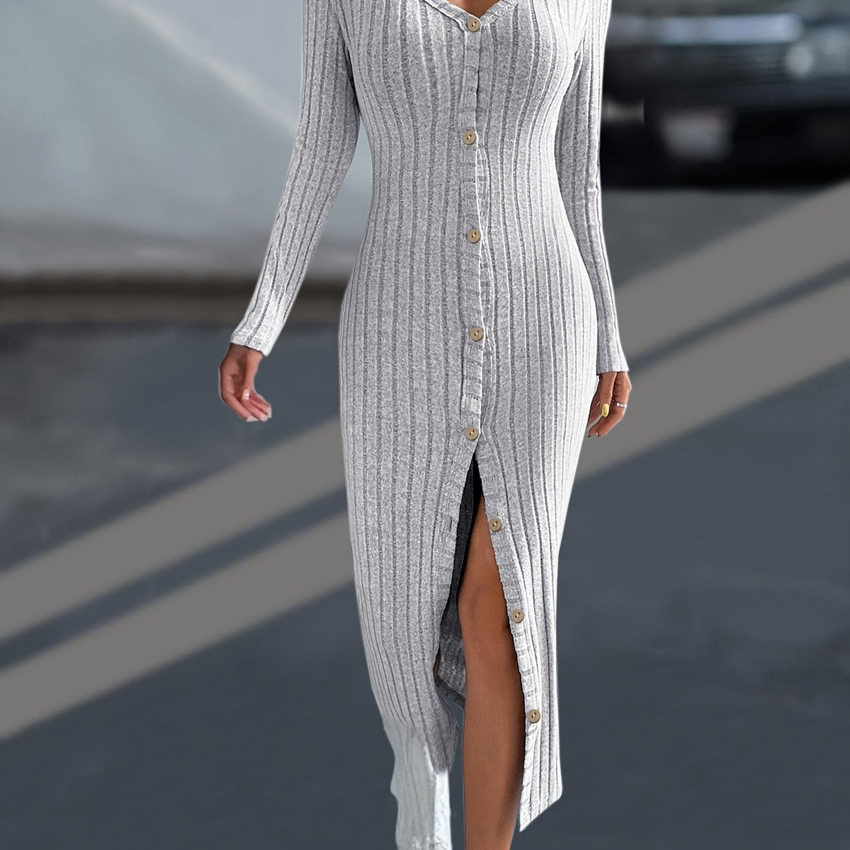  Women's Ribbed Button Up Long Sleeve V Neck Maxi Dress