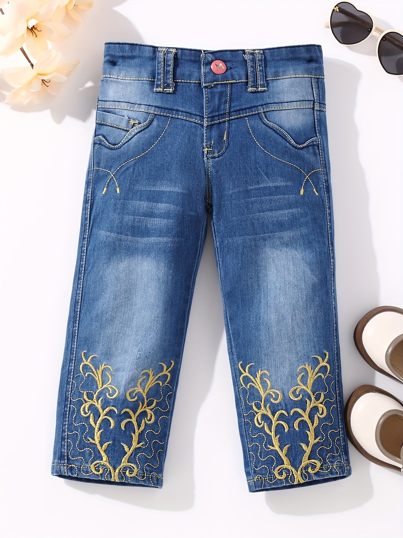 Girls' Swirls Embroidered Denim Pants Regular Fit