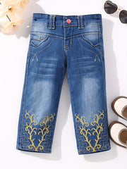 Girls' Swirls Embroidered Denim Pants Regular Fit